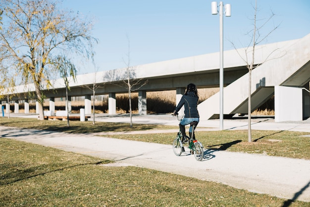 Moderne vrouwen berijdende fiets in stad