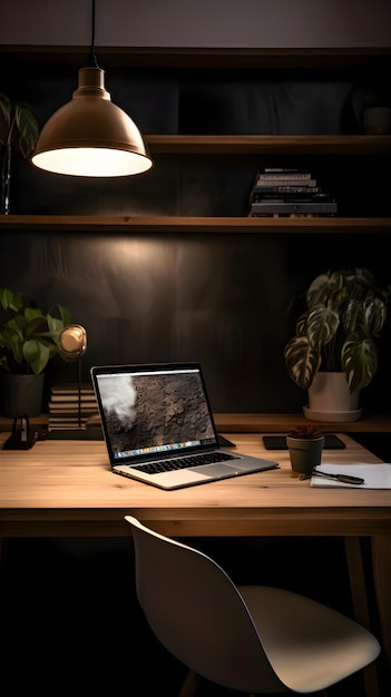 Moderne werkplek met laptop en een kop koffie op een houten tafel 's nachts
