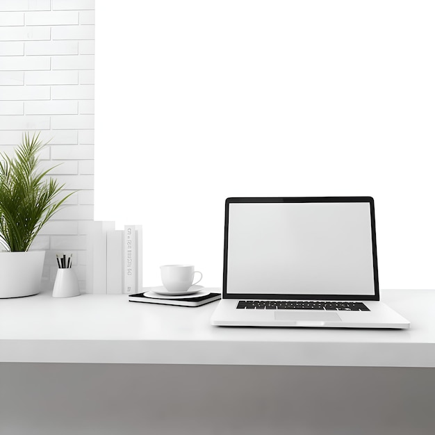 Moderne werkplek met leeg scherm laptop koffiekop en plant op witte tafel 3D-rendering