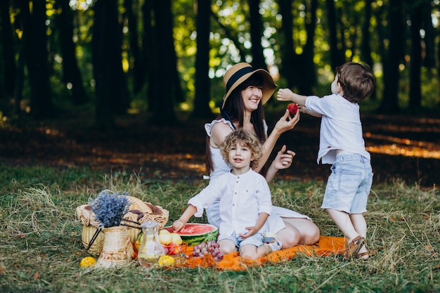 Moeder met haar zonen die picknick in bos hebben