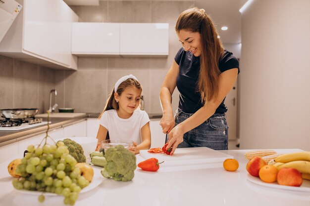 Moeder met weinig dochter die samen bij keuken koken