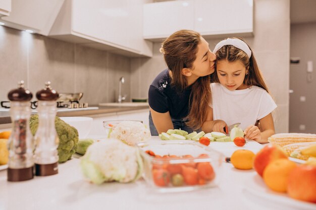 Moeder met weinig dochter die samen bij keuken koken