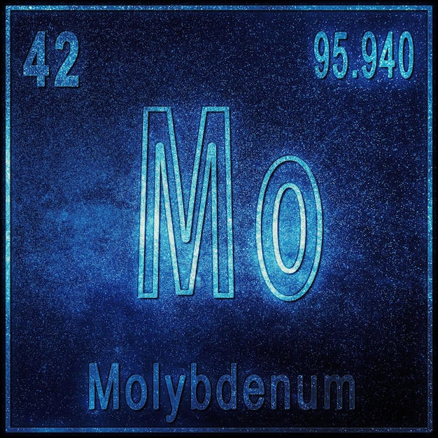 Molybdeen scheikundig element, bord met atoomnummer en atoomgewicht, periodiek systeemelement
