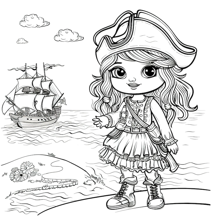 Gratis Foto monochrome kleurpagina met piraten in lijnkunststijl