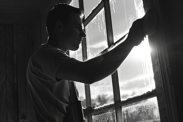 Gratis foto monochrome portrait of retro man doing housework and household chores