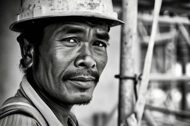 Monochrome scène die het leven van arbeiders op een bouwplaats toont