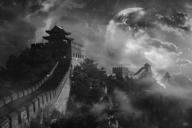 Gratis foto monochrome uitzicht op de historische grote muur van china