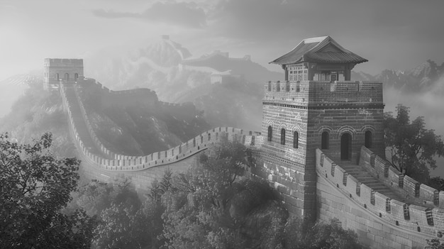 Monochrome uitzicht op de historische Grote Muur van China