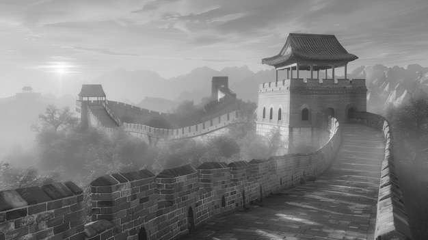 Gratis foto monochrome uitzicht op de historische grote muur van china