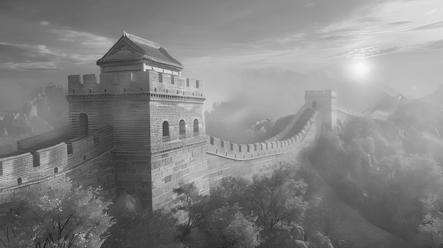 Monochrome uitzicht op de historische Grote Muur van China