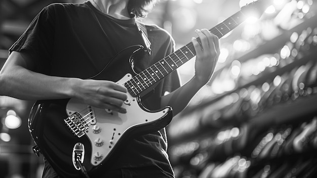 Monochrome weergave van een persoon die elektrische gitaar speelt