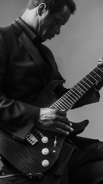 Monochrome weergave van een persoon die elektrische gitaar speelt