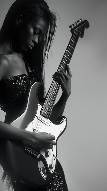 Gratis foto monochrome weergave van een persoon die elektrische gitaar speelt