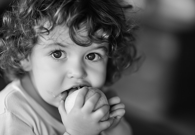 Monochroom portret van een baby die een appel eet