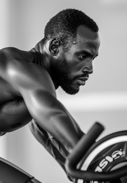 Gratis foto monochroom portret van een man die aan het sporten is