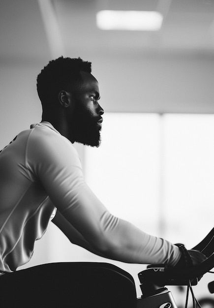 Monochroom portret van een man die aan het sporten is