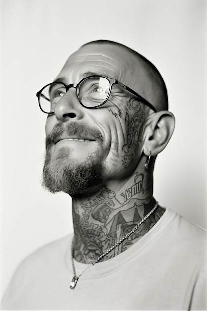 Monochroom portret van een man met tatoeages