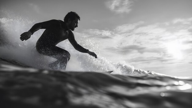 Monochroom portret van een persoon die tussen de golven surft