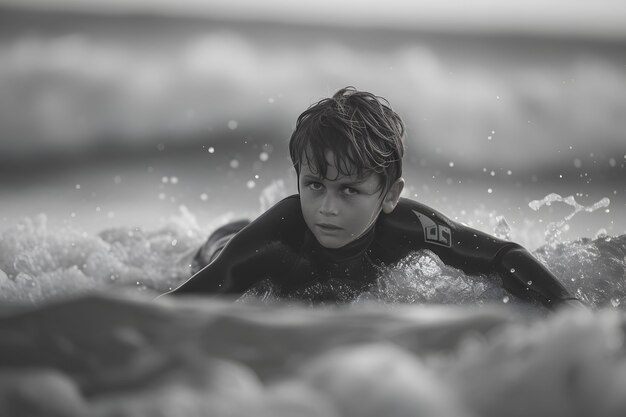 Monochroom portret van een persoon die tussen de golven surft