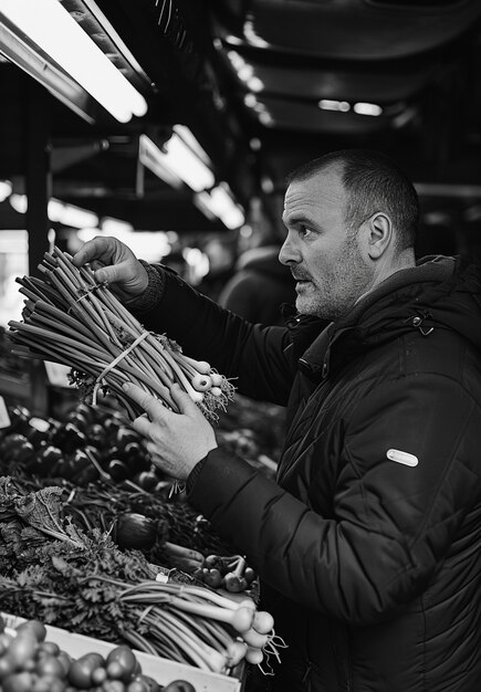 Monochroom portret van een persoon met verse producten