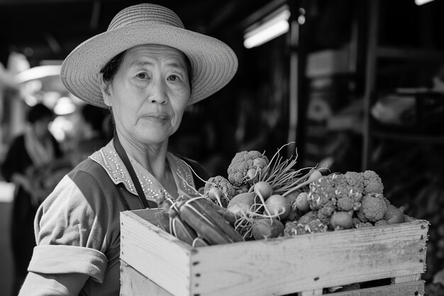 Monochroom portret van een persoon met verse producten