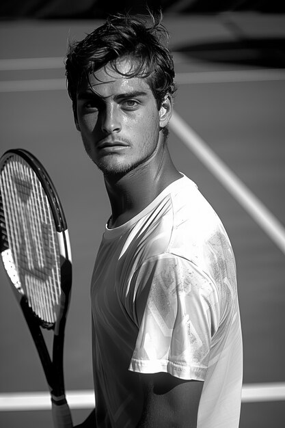 Gratis foto monochroom portret van een professionele tennisspeler