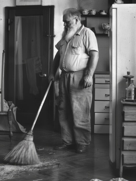 Monochroom portret van een retro man die huiswerk en huishoudelijke taken doet