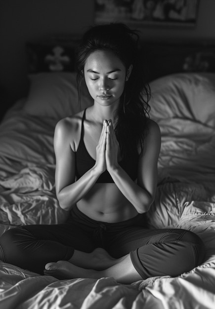Gratis foto monochroom portret van een vrouw die mediteert