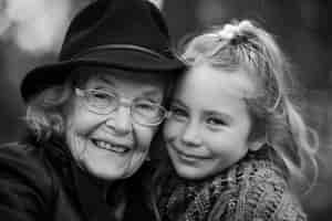 Gratis foto monochroom portret van grootmoeder met kleinkind viering van grootoudersdag