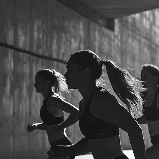 Gratis foto monochroom portret van vrouwen die op het spoor rennen