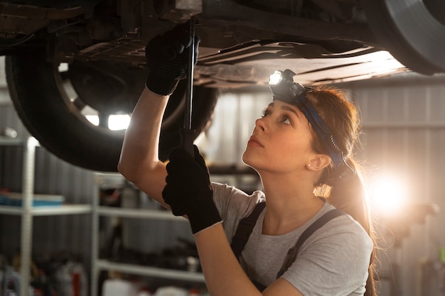 Gratis foto monteur bezig met auto-ophanging in de reparatiewerkplaats