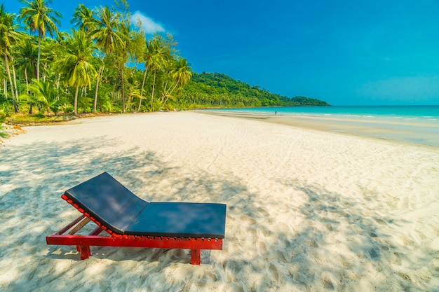 Mooi aard tropisch strand en overzees met stoel en kokosnotenpalm op paradijseiland