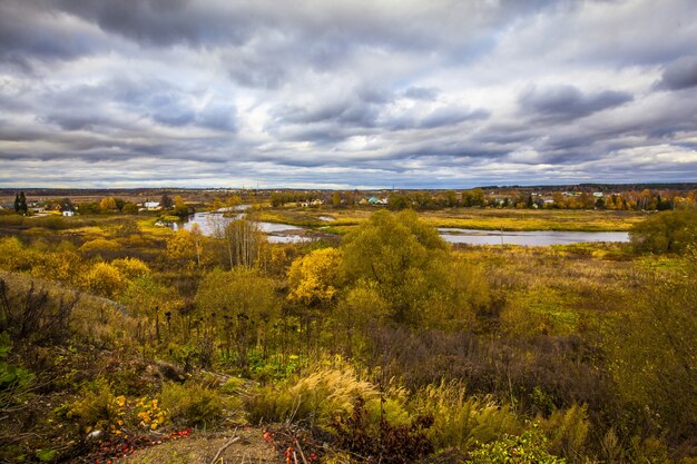 Mooi dorp in Rusland in de herfst, met de prachtige gele bomen onder de bewolkte hemel