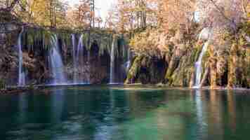 Gratis foto mooi landschap dat van een toneelmeer is ontsproten met watervallen die daarin in plitvice, kroatië stromen