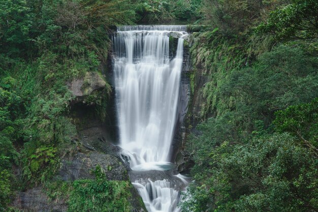 Mooi landschap van een diepe waterval in de buurt van rotsformaties in een bos in Taiwan