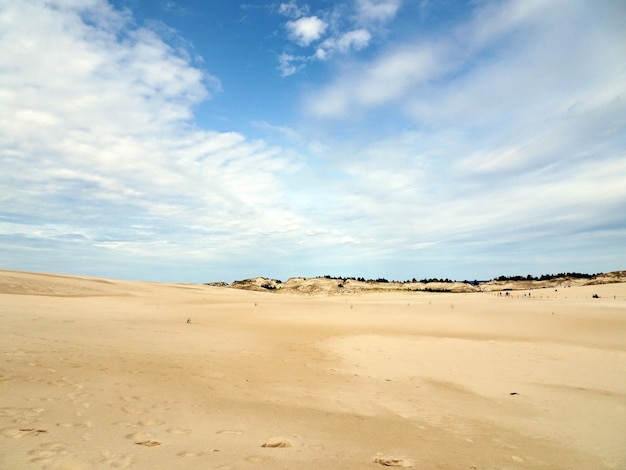 Mooi landschap van een zandstrand onder een bewolkte hemel in Leba, Polen