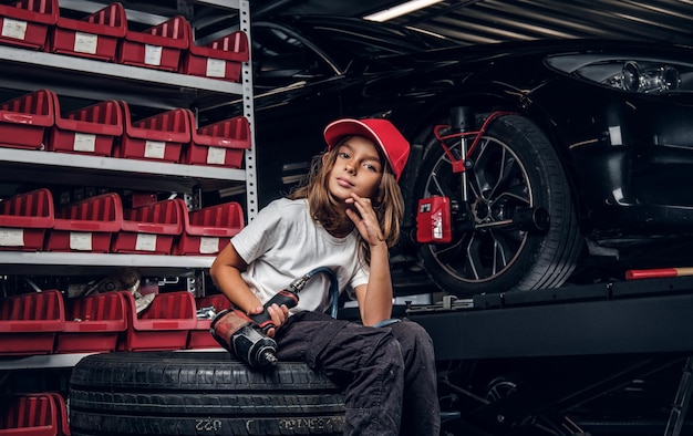 Mooi meisje poseert voor fotograaf terwijl ze bij een donkere autoservice zit met een pneumatische boor.