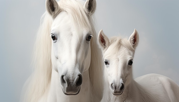 Mooi paard grazend in de weide kijkend naar camera gegenereerd door kunstmatige intelligentie