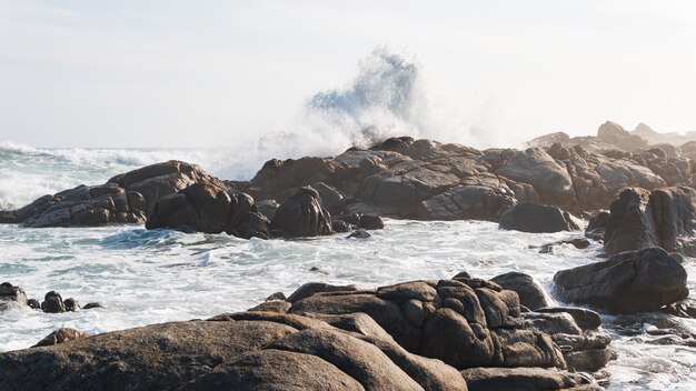 Mooi schot van de golven van de stormachtige oceaan die de stenen op de kust bereikt