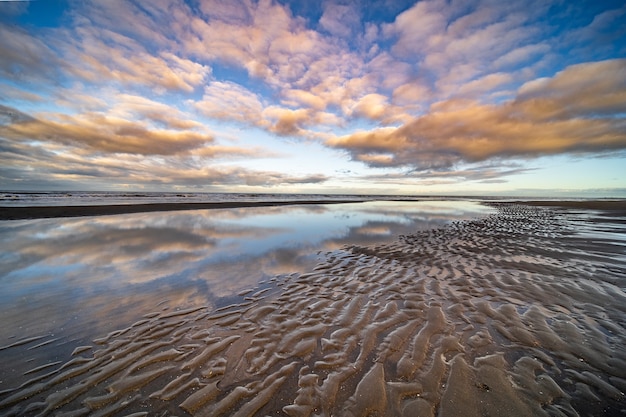 Gratis foto mooi schot van een natte kust onder een blauwe hemel