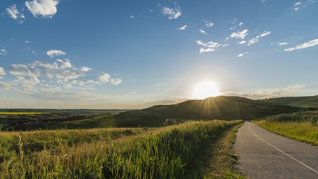 Mooi schot van een weg in de buurt van gras en bergen met een heldere hemel