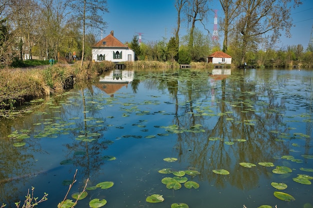 Mooi shot van een rivier met kleine huizen op de achtergrond overdag