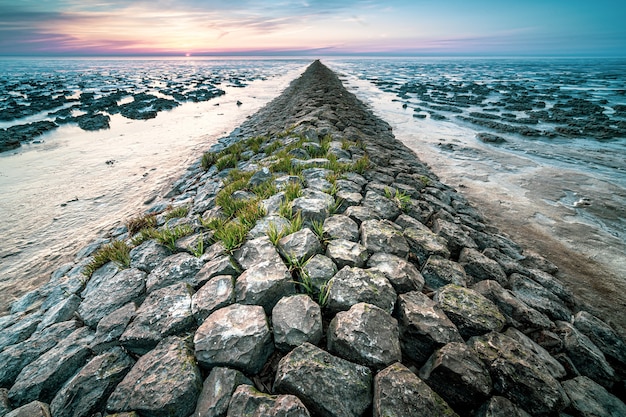 Mooi shot van een rotsachtig strand tijdens de zonsondergang