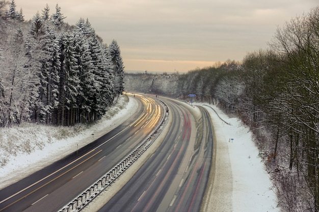 Gratis foto mooi shot van een weg met bomen in het bos bedekt met sneeuw tijdens de winter