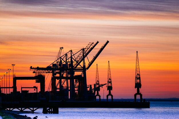Mooi silhouet van havenmachines tijdens zonsondergang