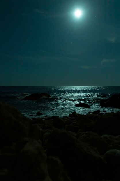 Mooi tropisch strand met volle maan in nachthemel