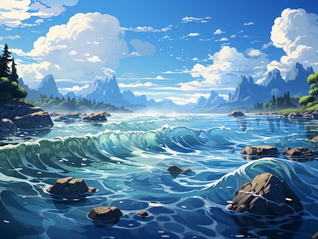 Mooi uitzicht op het water in anime-stijl