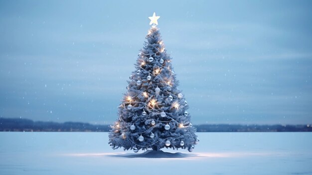 Mooi versierde kerstboom met sneeuw