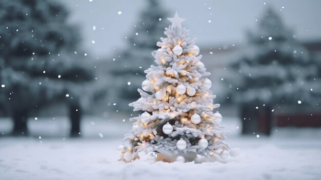 Mooi versierde kerstboom met sneeuw