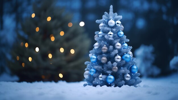 Mooi versierde kerstboom met sneeuw